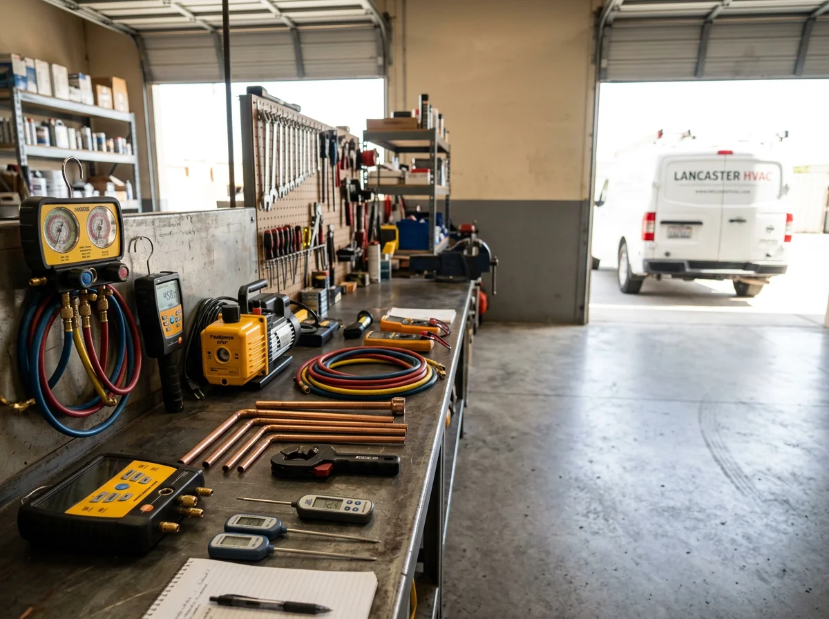 HVAC technician tools and equipment arranged on a workbench, representing the trade expertise and service readiness of a professional heating and cooling company.