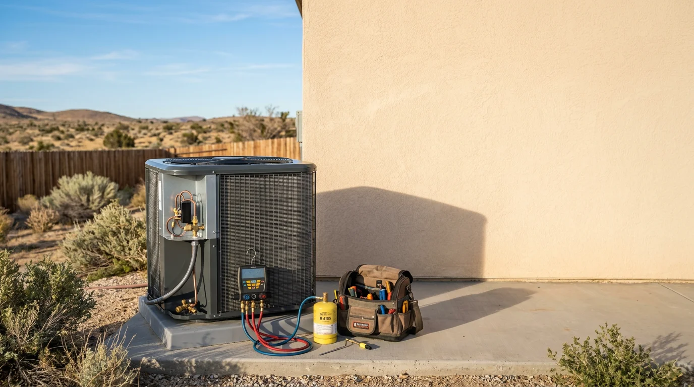 Technician servicing an air conditioning unit on a residential home in Lancaster, California