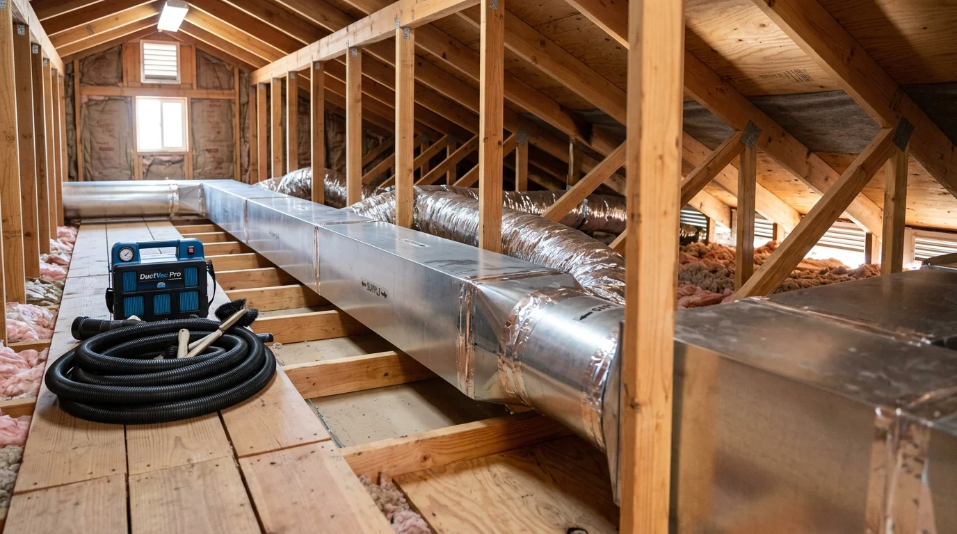Technician performing air duct cleaning in a residential HVAC system