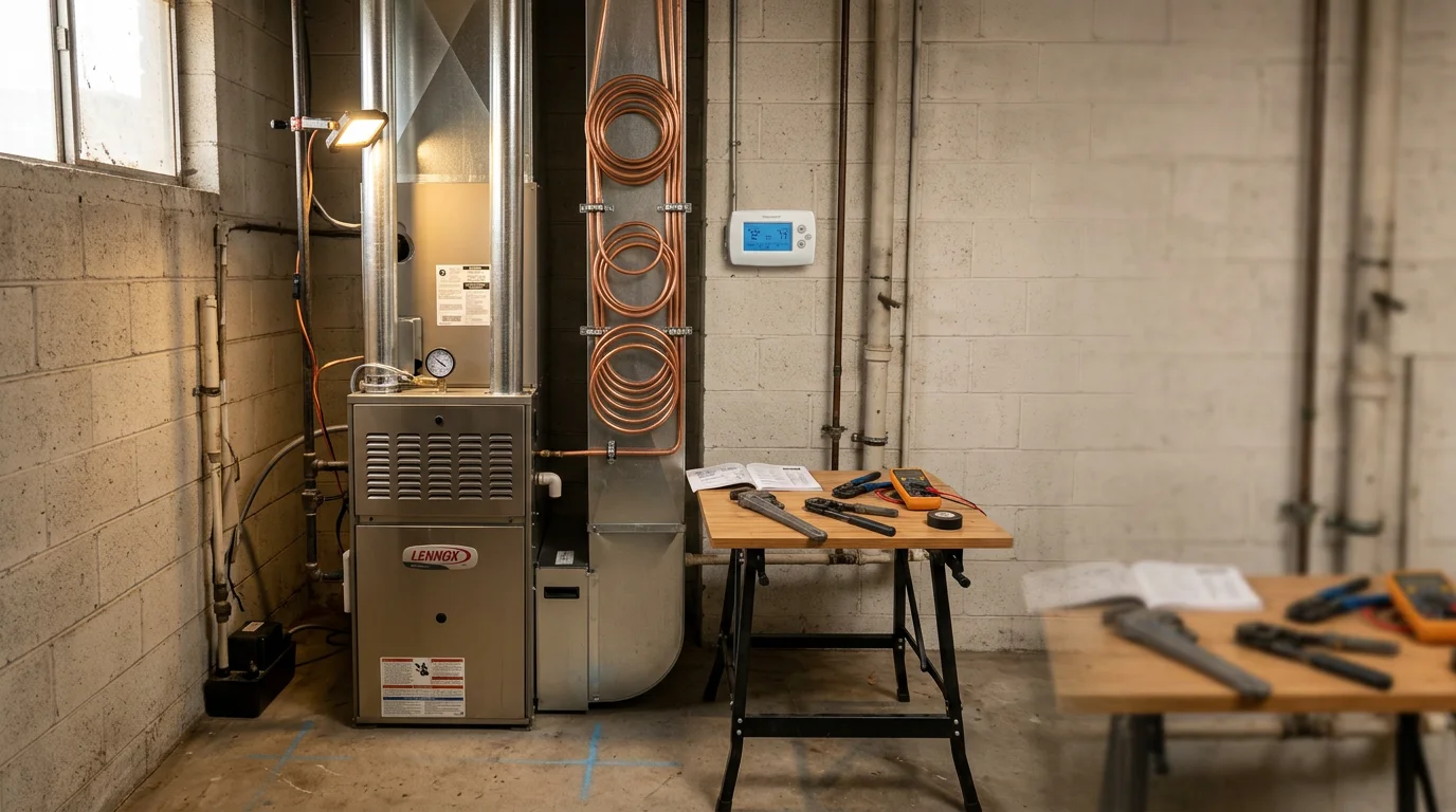 Technician inspecting a furnace heating system in a residential basement
