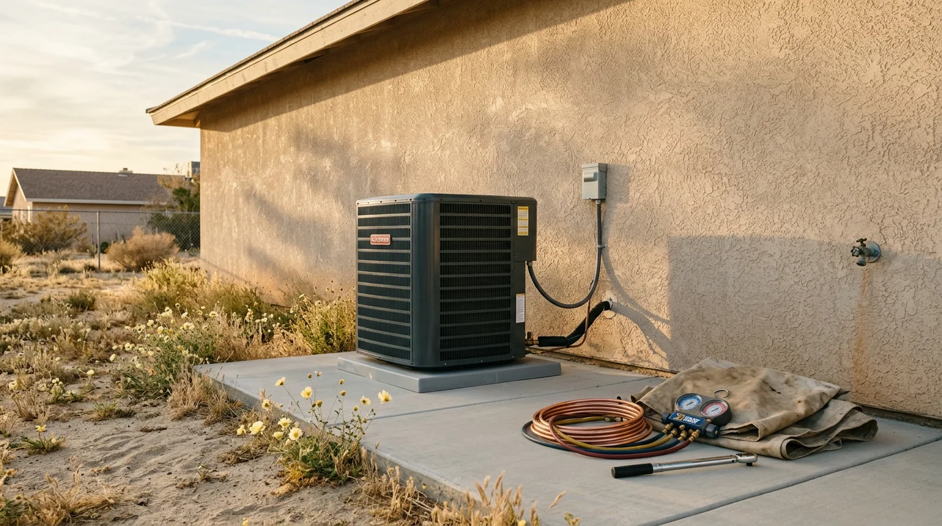 Burgess Heating & Air technician servicing an outdoor air conditioning unit at a Lancaster, CA home