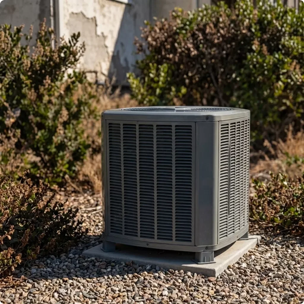 Gray AC condenser unit installed on concrete pad with gravel base and shrubs