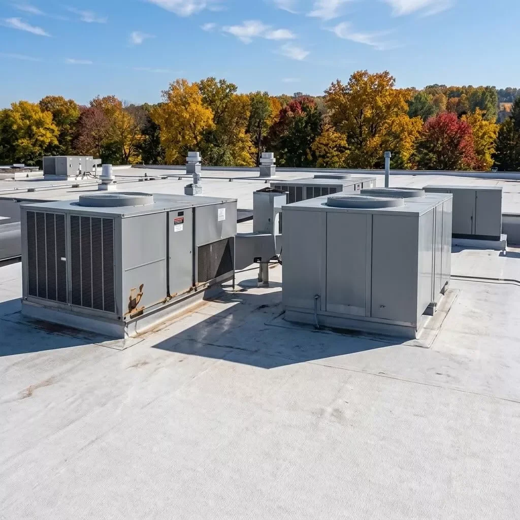 Commercial rooftop with multiple gray HVAC air conditioning units installed on white membrane roof