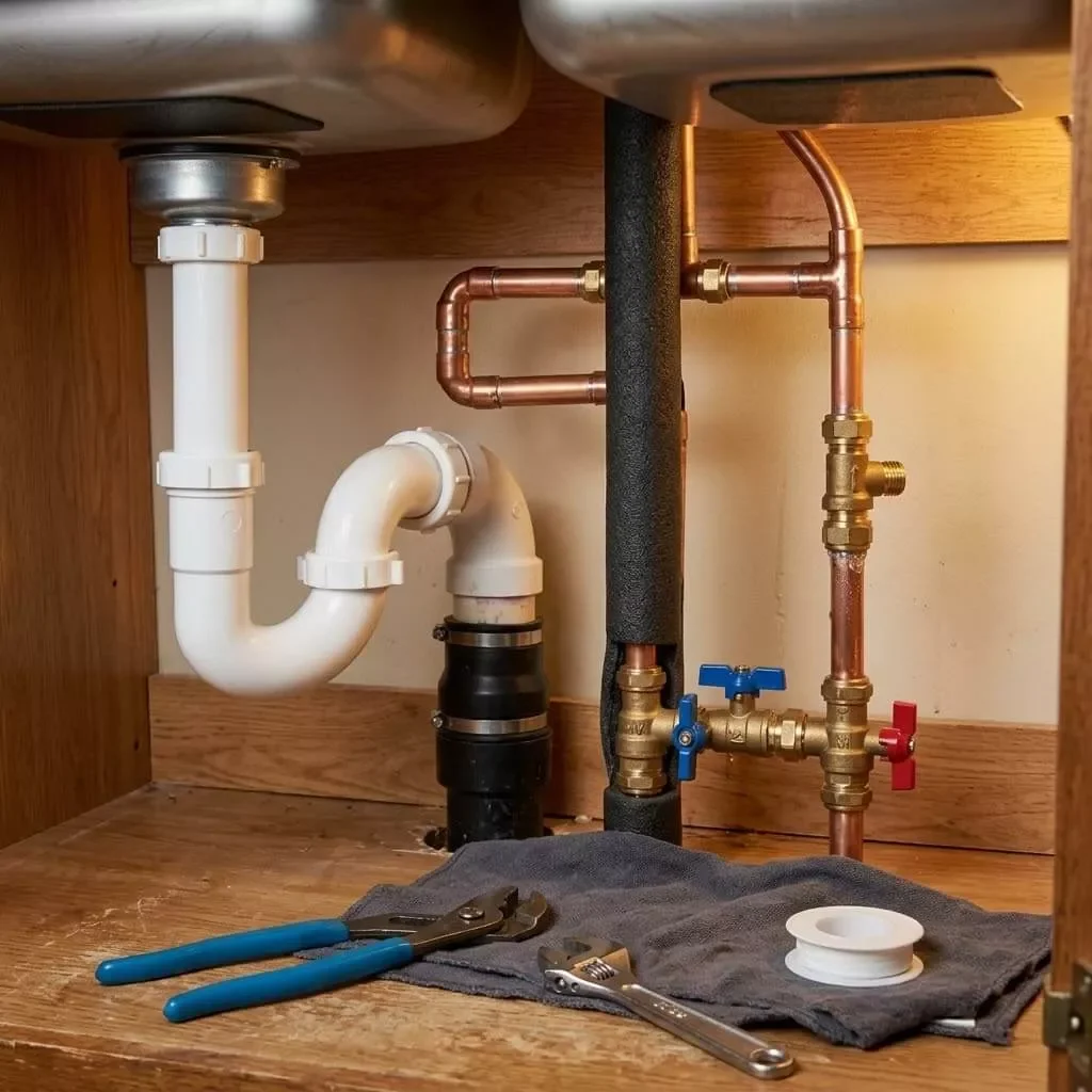 Under-sink plumbing with white P-trap, copper supply lines, and brass ball valves installed