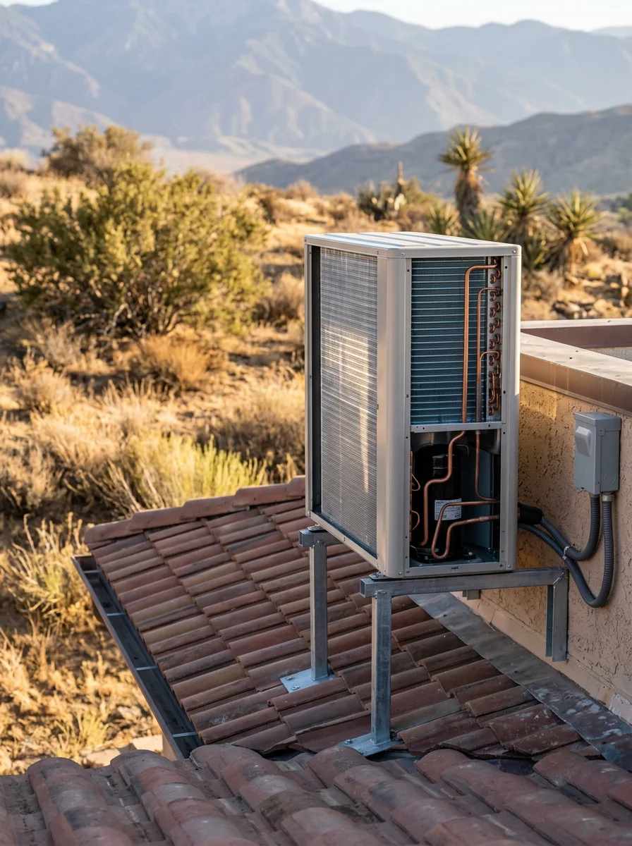 Modern HVAC unit installed on rooftop of Agua Dulce home with mountain views