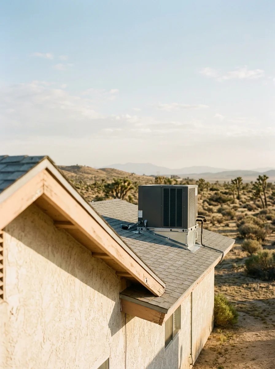 AC unit mounted on rooftop of mid-century home in high-desert Antelope Valley setting
