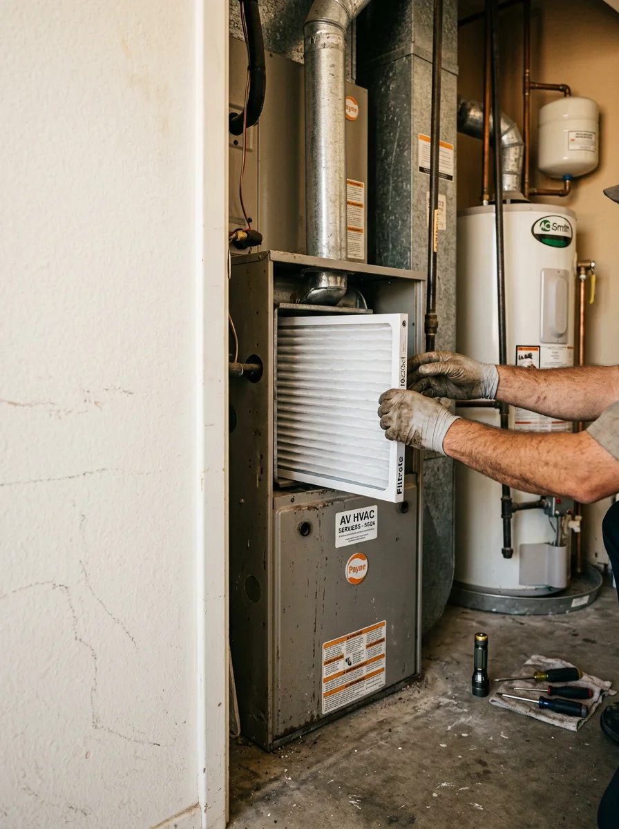 Technician replacing a furnace filter inside a utility closet of an Antelope Valley home, with a gas furnace and water heater visible in the background.