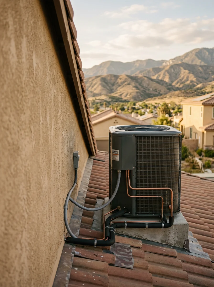 Modern HVAC rooftop unit installed on Canyon Country home with mountain foothills visible in distance