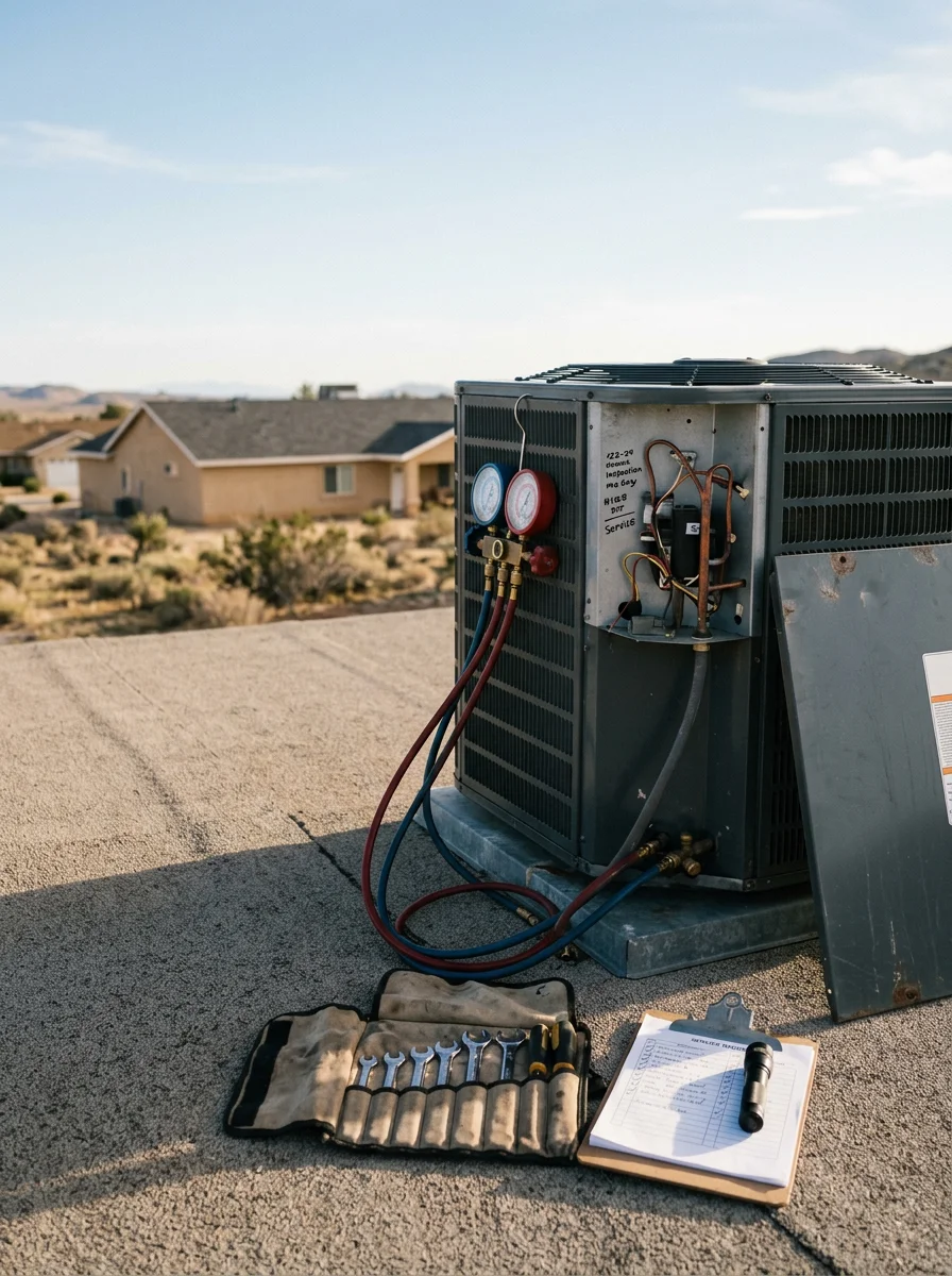 Modern HVAC technician servicing air conditioning unit on rooftop of Lake Los Angeles home
