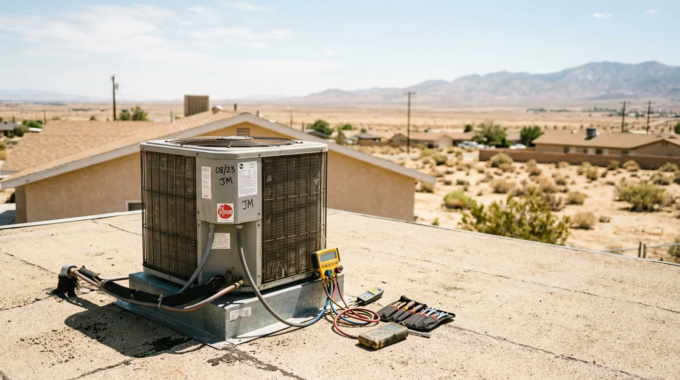 HVAC technician inspecting a rooftop condenser unit on a single-story Lancaster home with the Antelope Valley desert floor visible in the background.