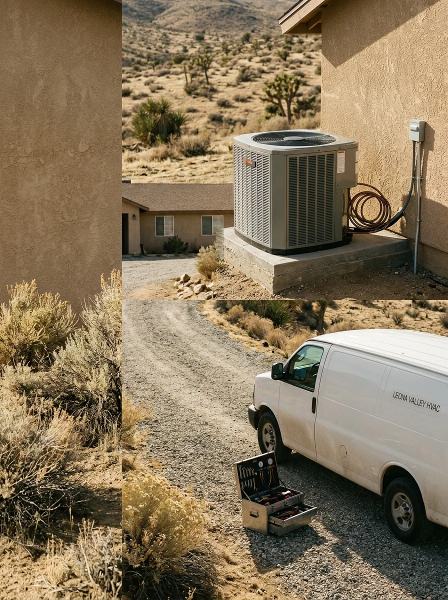 HVAC technician servicing rooftop air conditioning unit on Leona Valley hillside property