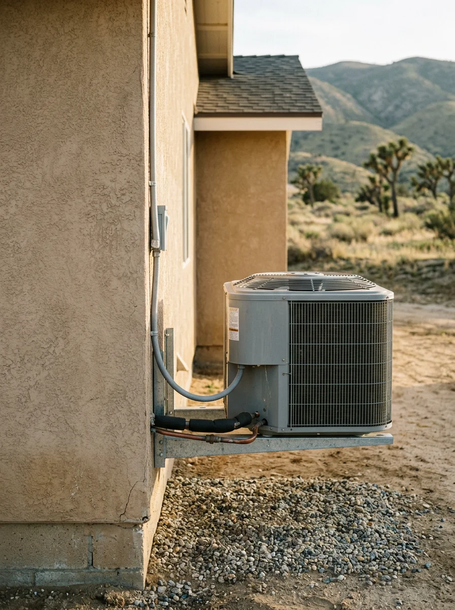 AC unit mounted on exterior of Littlerock home with San Gabriel Mountains foothills visible in background