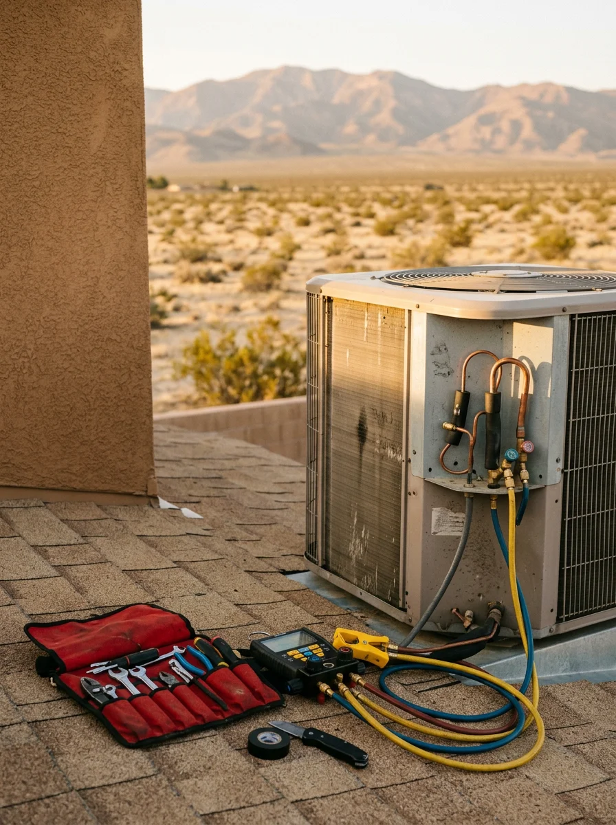 HVAC technician servicing air conditioning unit on rooftop of Mojave home with mountains in background