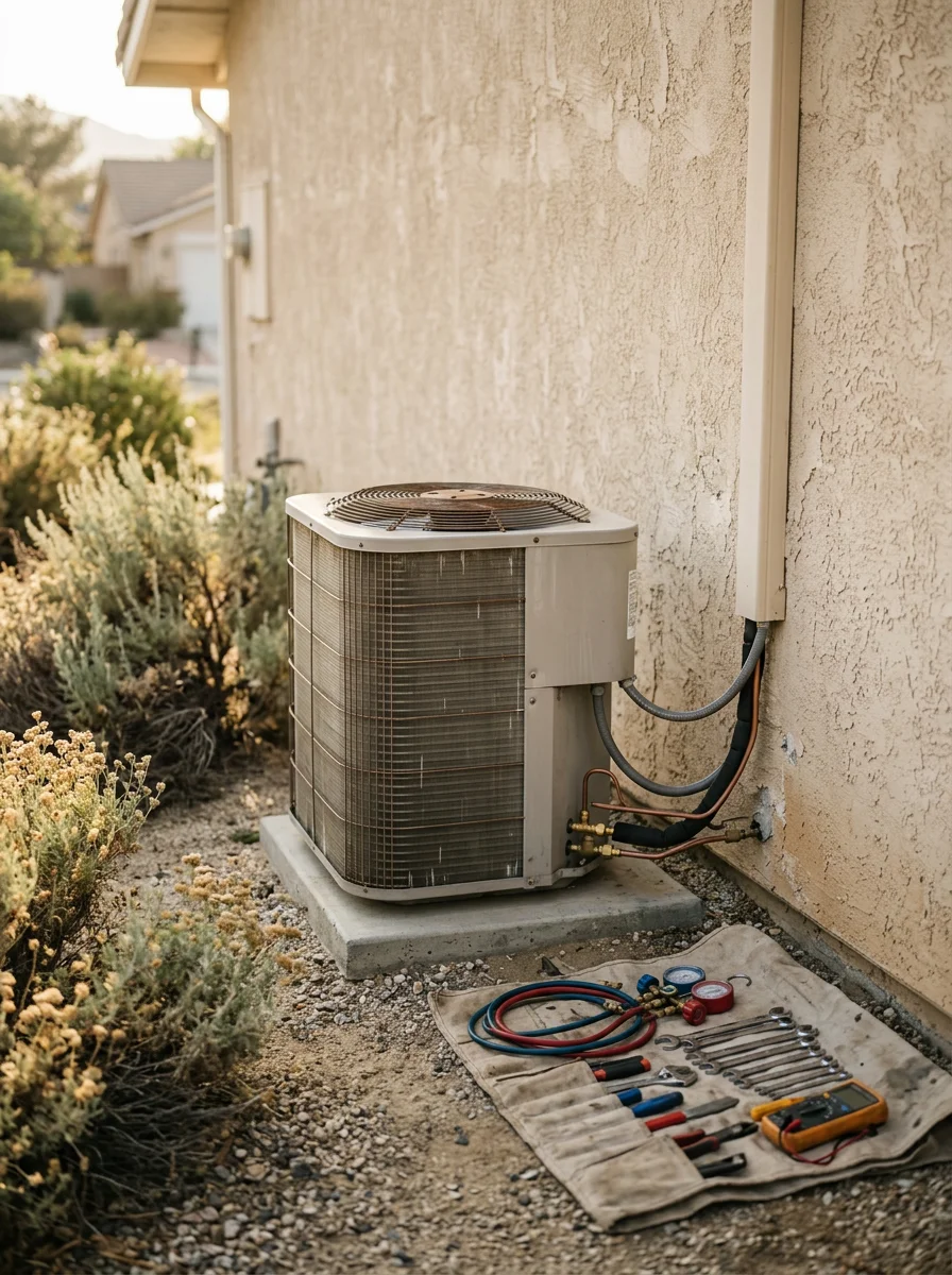 HVAC technician servicing an air conditioning unit on a Newhall home's exterior wall
