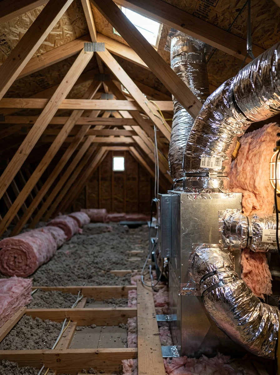Technician checking ductwork connections in the attic of a newer Palmdale home, with insulation and flex duct visible overhead.