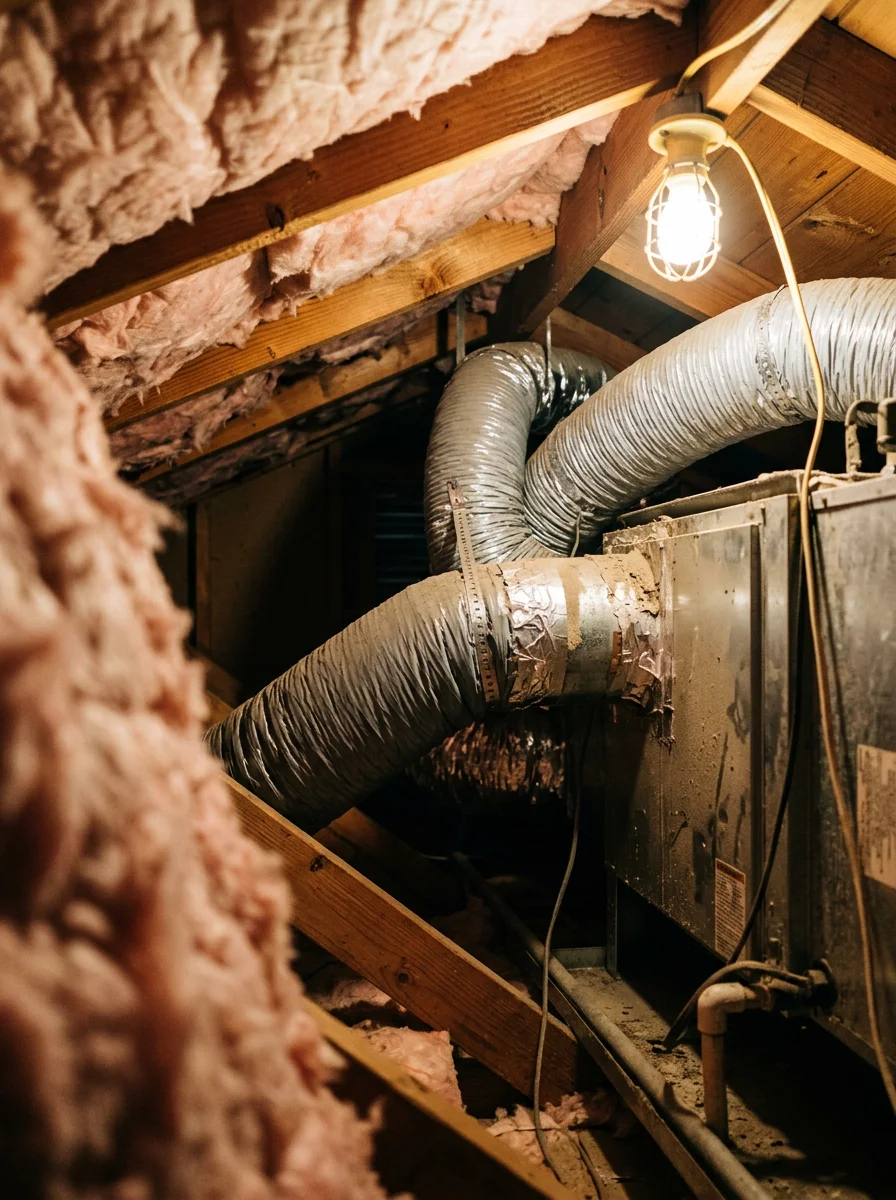 Technician inspecting flex duct connections in the attic of a 1980s Quartz Hill home, with the air handler and insulation visible in the background.