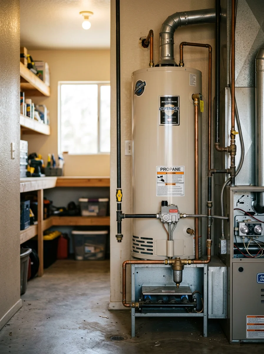 Propane water heater and furnace in the utility room of a Rosamond home, with a technician checking the burner assembly and gas connections.