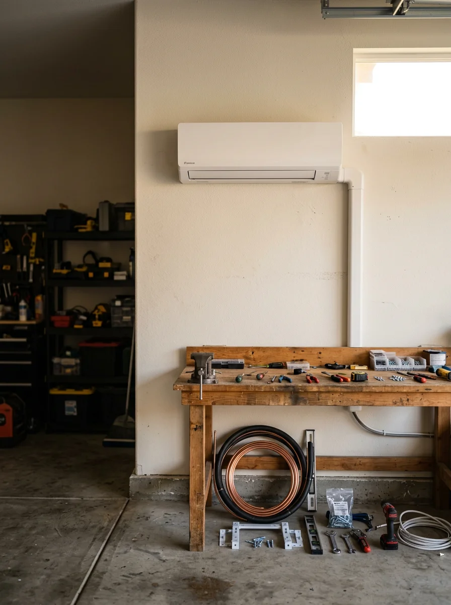 Technician installing a ductless mini-split unit on the wall of a converted garage in a Santa Clarita home, with the indoor air handler mounted above the workbench area.