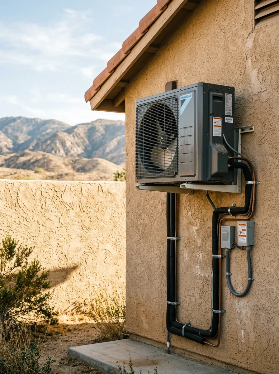 Modern HVAC unit installed on exterior of Saugus home with mountain backdrop and dry vegetation