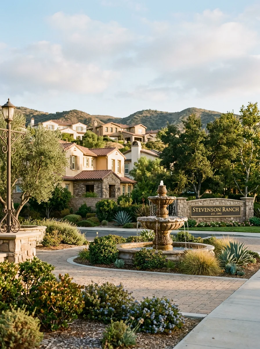 Stevenson Ranch community fountain and landscaped entry with residential homes in background