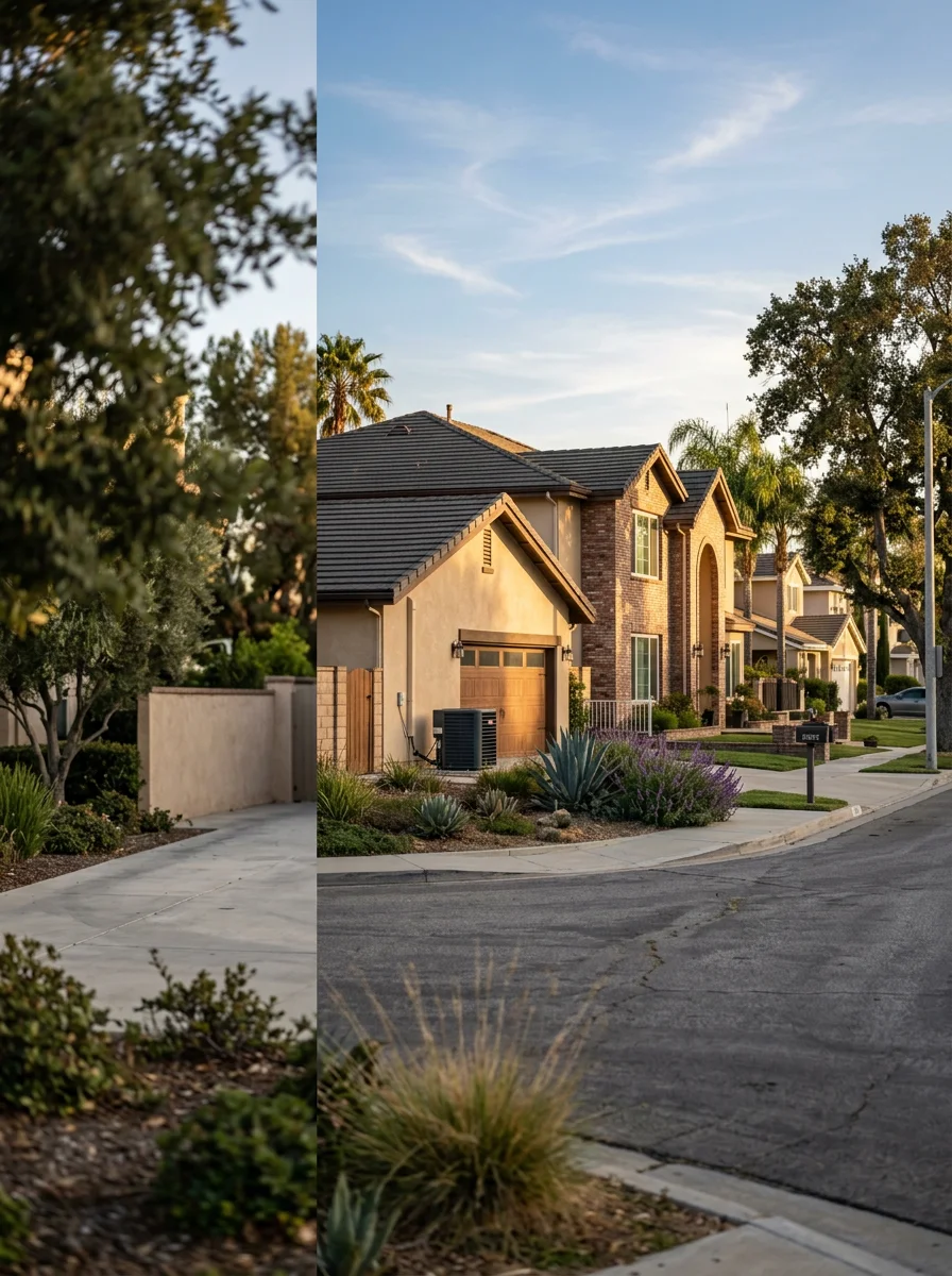 Valencia neighborhood street with single-story and two-story homes showing varied architectural styles from different decades