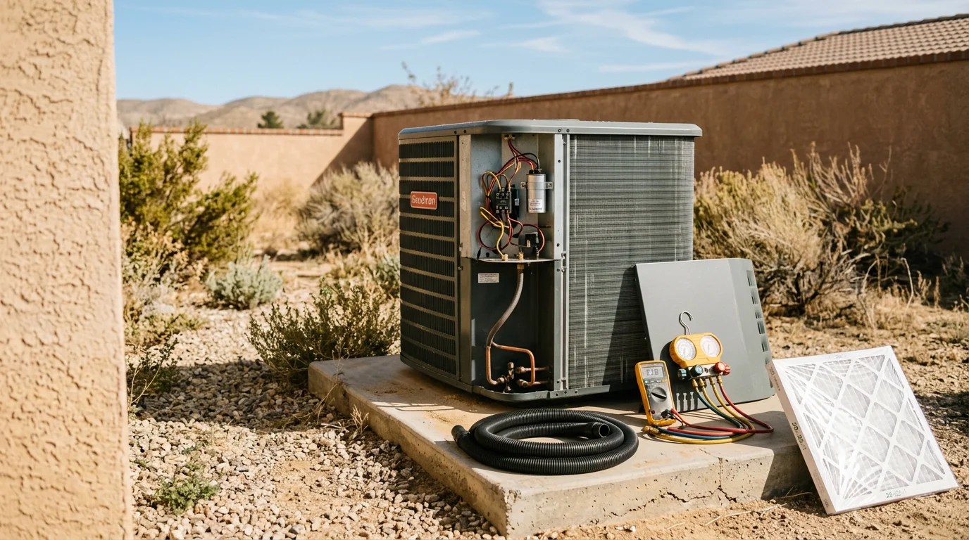 An HVAC technician inspecting and cleaning the condenser coils of a central air conditioning unit at a residential property in Lancaster, CA. The high-desert landscape and clear sky are visible in the background.