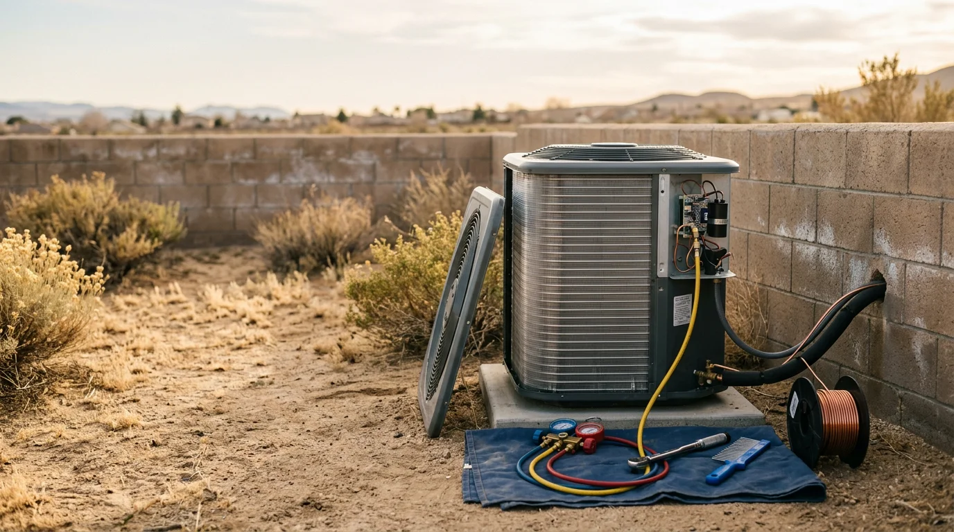 A Burgess Heating & Air technician inspecting an outdoor A/C condenser unit at a residential property in Lancaster, CA. The high desert landscape is visible in the background under clear summer skies.