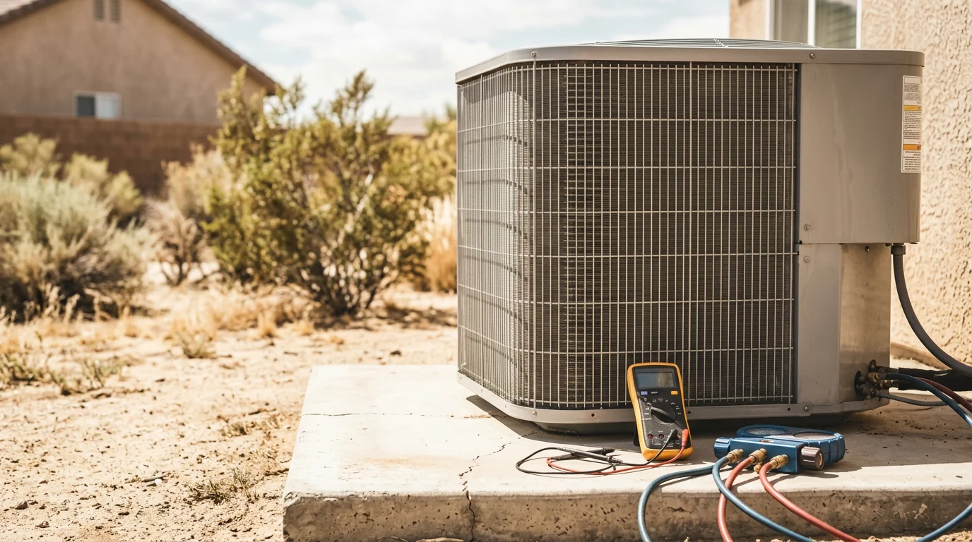 A Burgess Heating & Air technician inspecting the outdoor condenser unit of a residential air conditioning system in Lancaster, CA. The high-desert landscape is visible in the background on a clear, sunny day.
