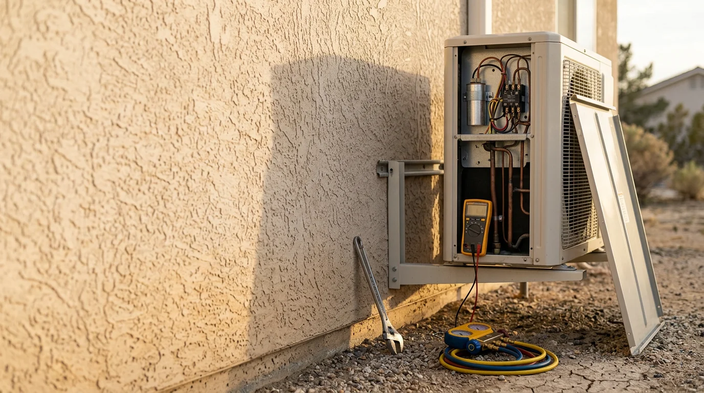 A Burgess Heating & Air technician inspecting an outdoor AC condenser unit at a residential property in Lancaster, CA, with the Antelope Valley desert landscape visible in the background.