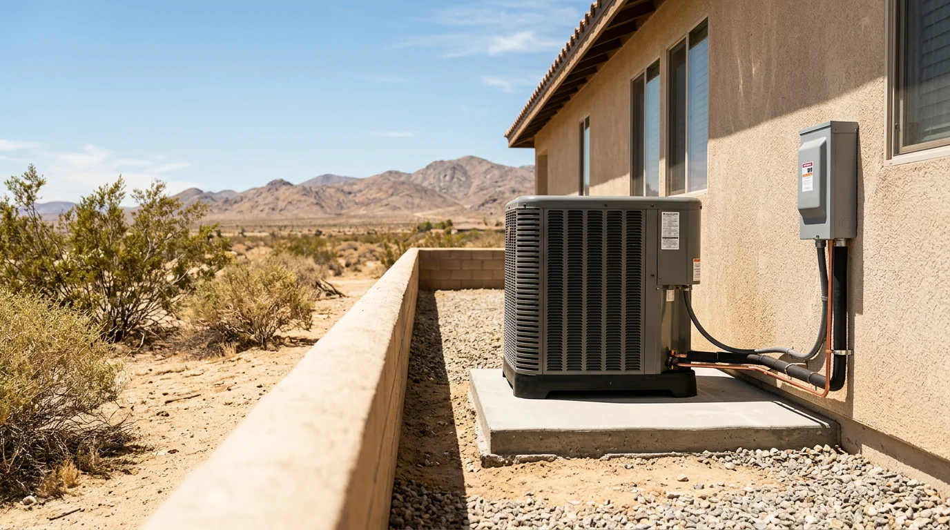 A new central air conditioning condenser unit installed beside a single-family home in Lancaster, CA, with the San Gabriel Mountains visible in the background under a clear high-desert sky. A technician checks the electrical connections at the outdoor unit during the final inspection.