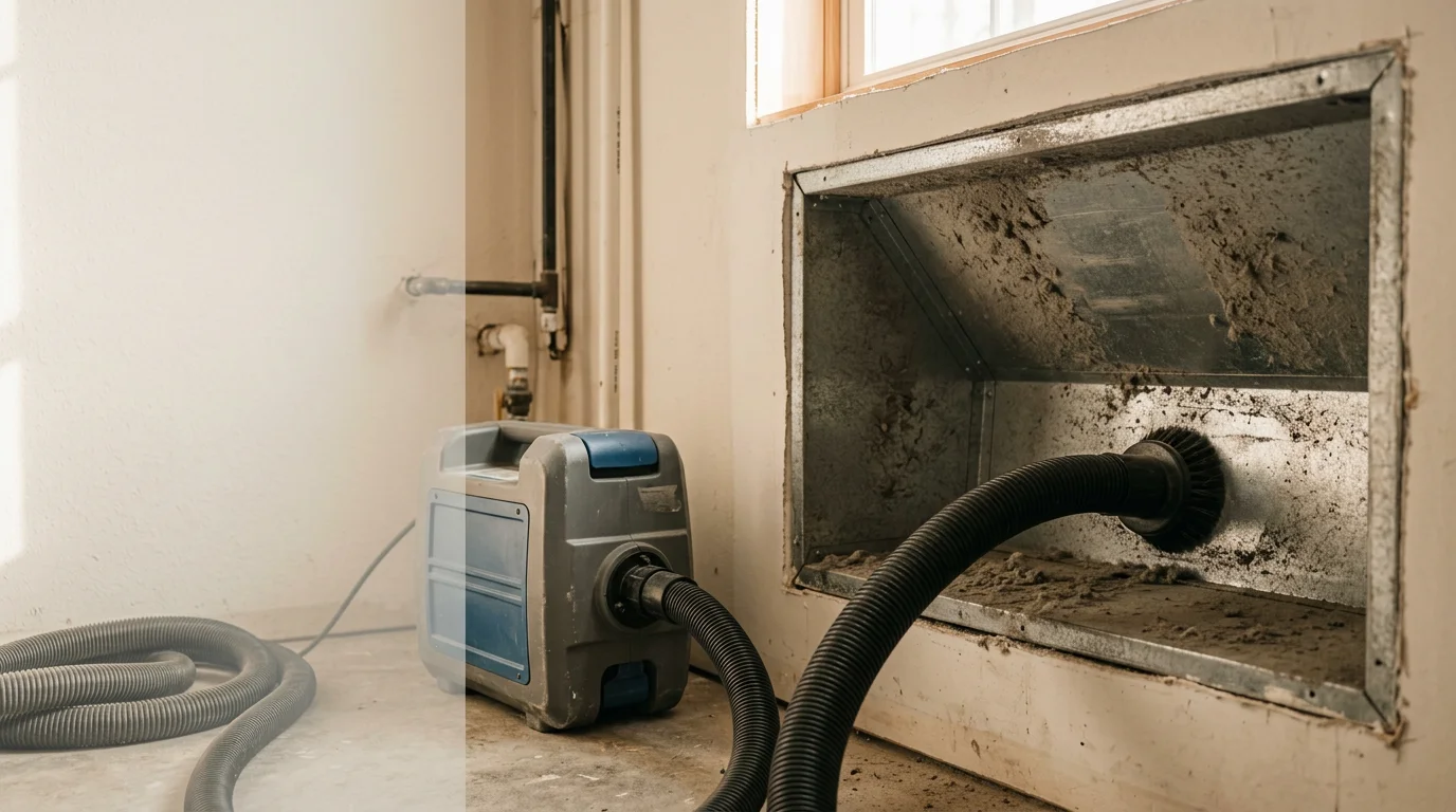 A Burgess Heating & Air technician cleaning residential air ducts in a Lancaster, CA home, with a high-powered vacuum connected to an open supply vent in a hallway. Dust and debris removed from the ductwork are visible in the collection equipment.