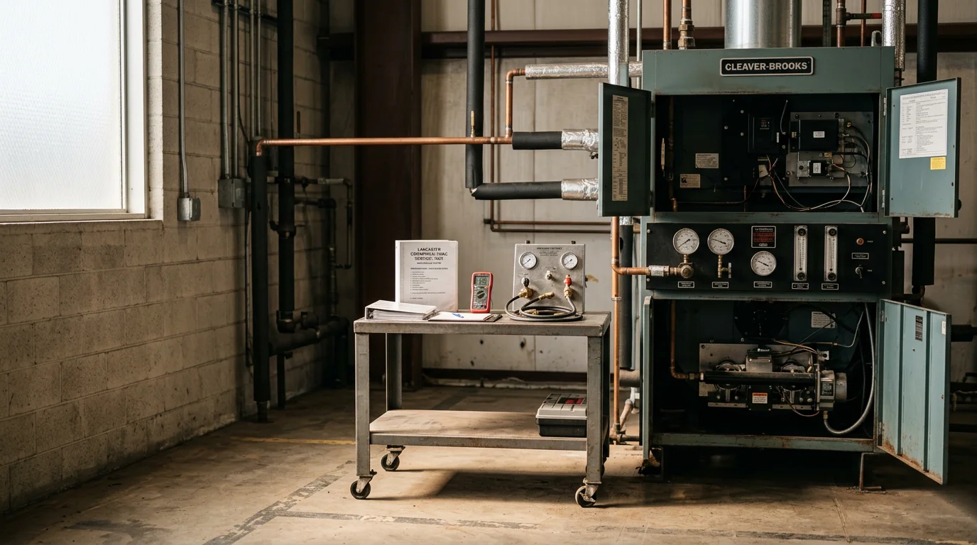 A commercial boiler and chiller mechanical room inside a large facility in Lancaster, CA. A technician inspects the hydronic piping and controls panel during a routine service visit.