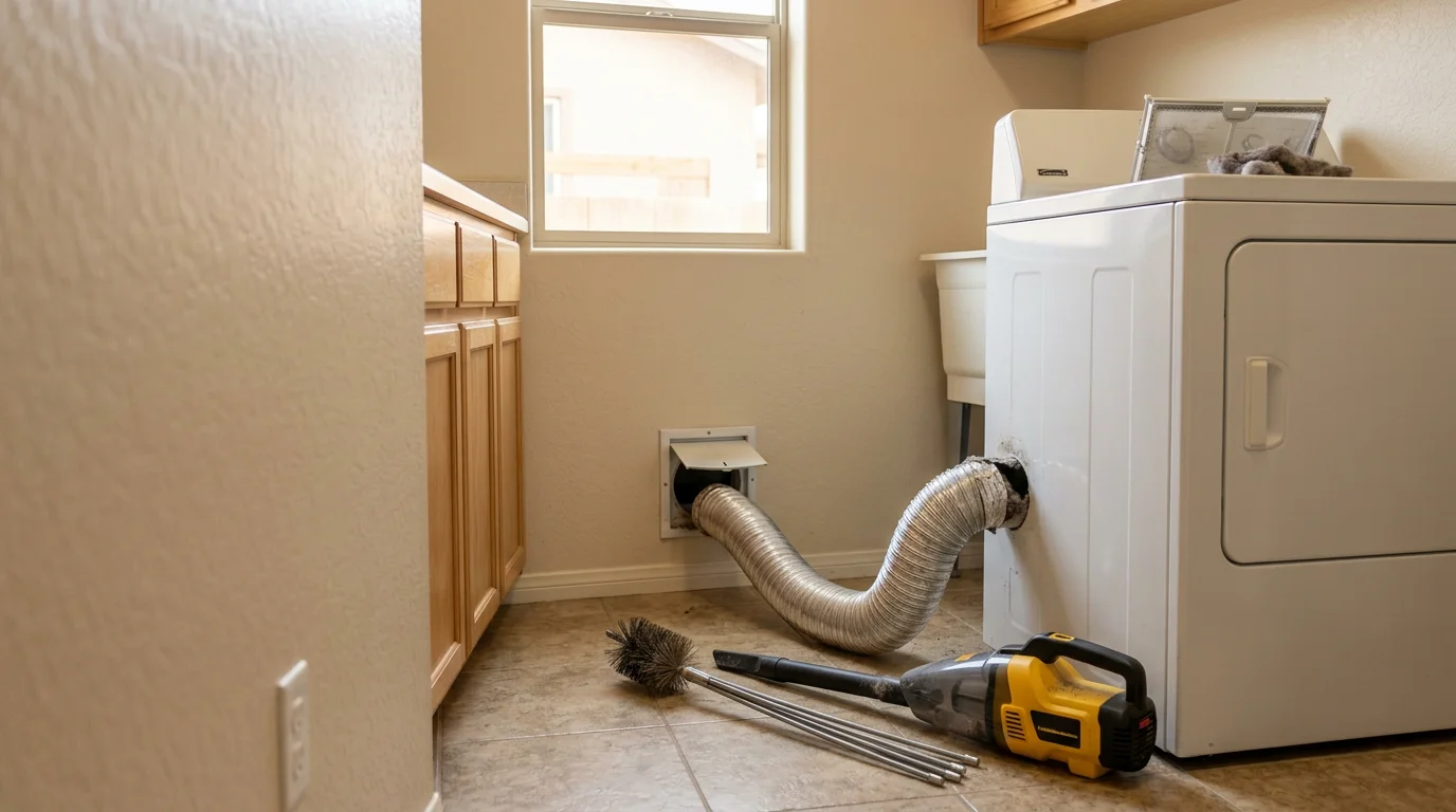 A dryer vent duct being professionally cleaned at a Lancaster, CA home, with lint and desert dust debris removed from the full vent path. The exterior vent termination point is visible against the home's exterior wall with the damper in the open position.