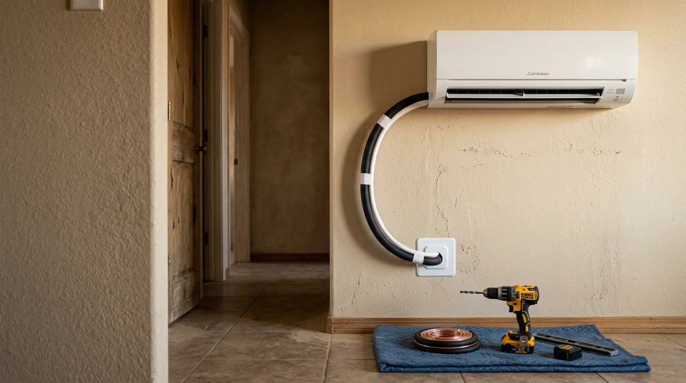 A wall-mounted ductless mini-split indoor air handler installed in a Lancaster, CA home, with a clean white finish against a neutral interior wall. The outdoor condenser unit sits on a concrete pad beside the home's exterior under a clear Antelope Valley sky.