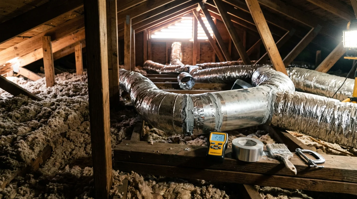 A Burgess Heating & Air technician inspecting and sealing flexible ductwork in the attic of a Lancaster, CA residential home. Exposed duct runs and attic insulation are visible in the background.