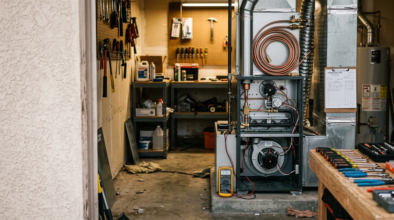 A technician inspecting the interior components of a residential gas furnace in a Lancaster, CA home. The high-desert neighborhood is visible through a nearby window.