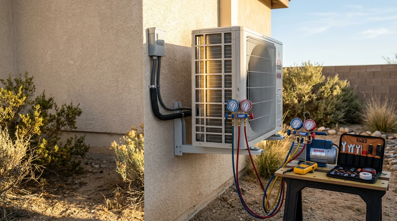 A heat pump outdoor unit installed beside a residential home in Lancaster, CA, with the Antelope Valley's open desert landscape visible in the background. A technician inspects the unit during a service call on a clear, sunny day.