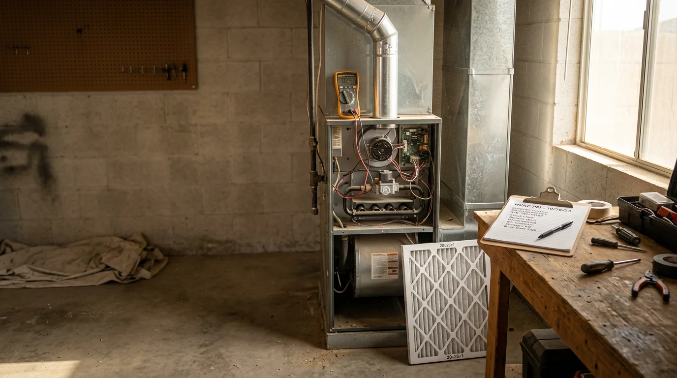 A heating technician inspecting a residential furnace burner and heat exchanger during a maintenance visit in a Lancaster, CA home. The system panel is open and components are being checked ahead of the Antelope Valley winter season.