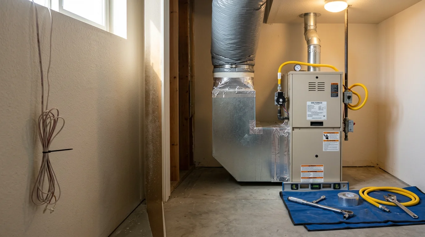 A technician from Burgess Heating & Air completing a heating system installation in a residential property in Lancaster, CA. The image shows the indoor air handler unit mounted and connected in a utility space typical of Antelope Valley homes.