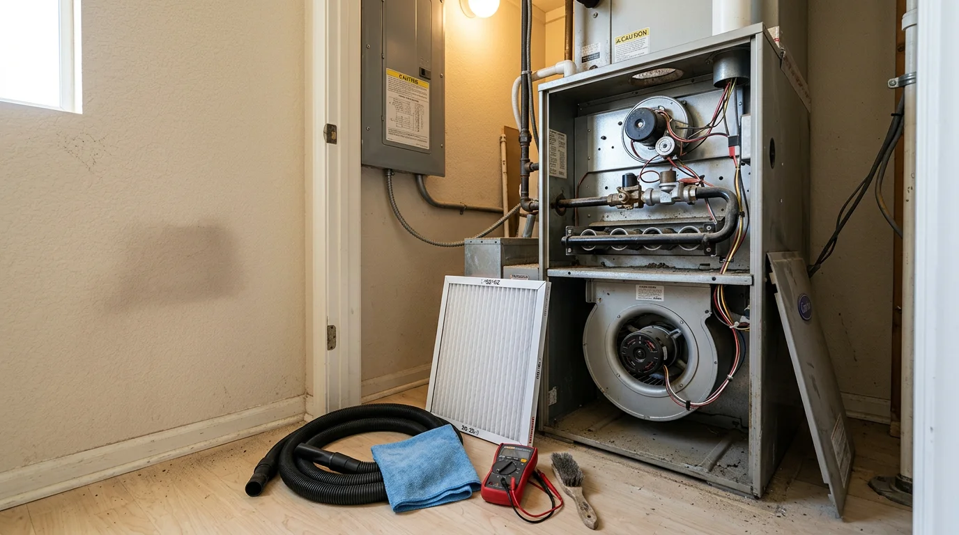 An HVAC technician inspecting a residential furnace during a heating system maintenance visit in Lancaster, CA. The technician checks internal components in a utility room typical of an Antelope Valley home.