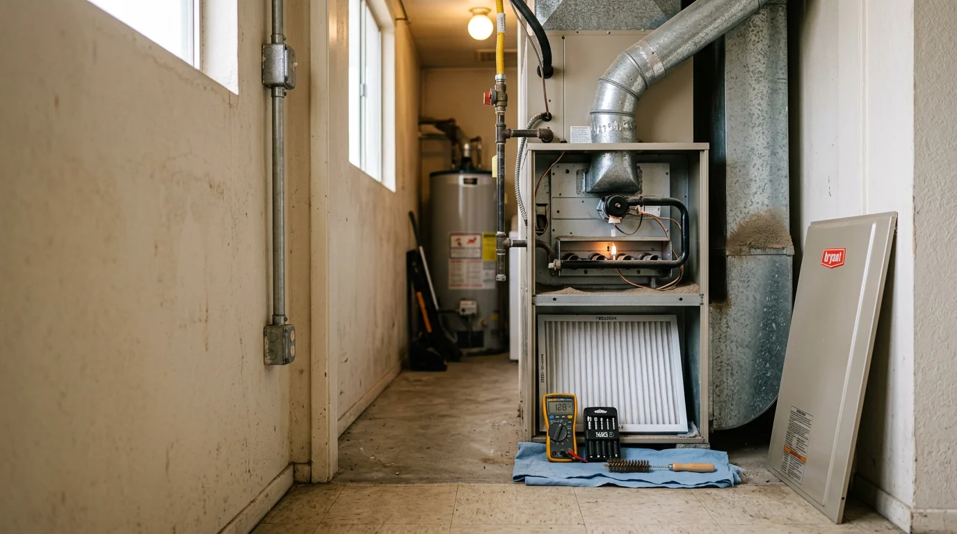 An HVAC technician inspecting the interior components of a residential furnace during a heating system repair call in Lancaster, CA. The unit is open for diagnosis inside a home utility closet in the Antelope Valley.