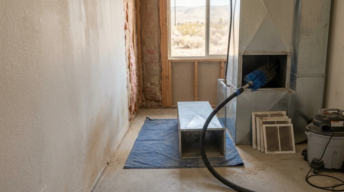 HVAC technician cleaning interior ductwork in a Lancaster, CA home, with a commercial vacuum connected to a supply duct run and dust debris visible at the vent opening.