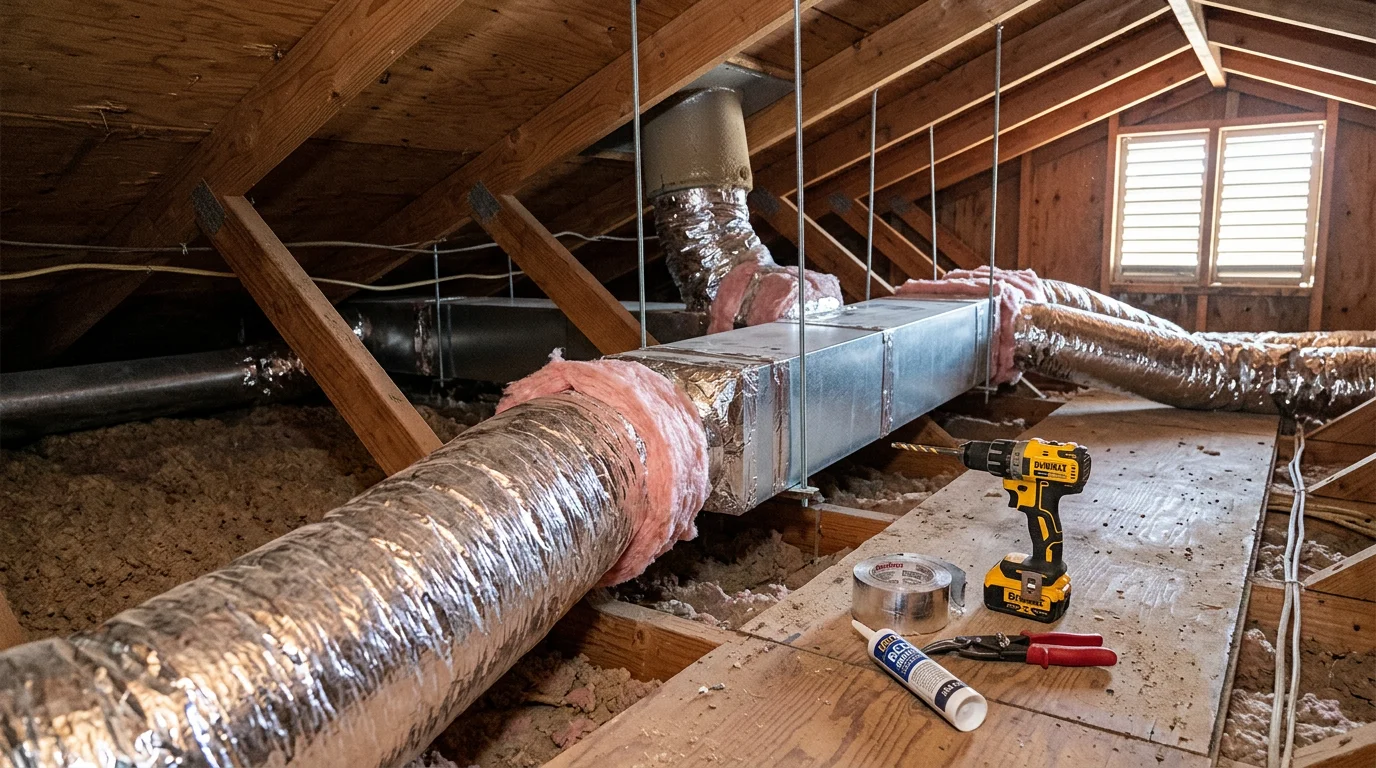 A technician installs insulated HVAC ductwork in the attic of a residential home in Lancaster, CA. Supply ducts run from a central plenum toward ceiling vents in a single-story Antelope Valley property.