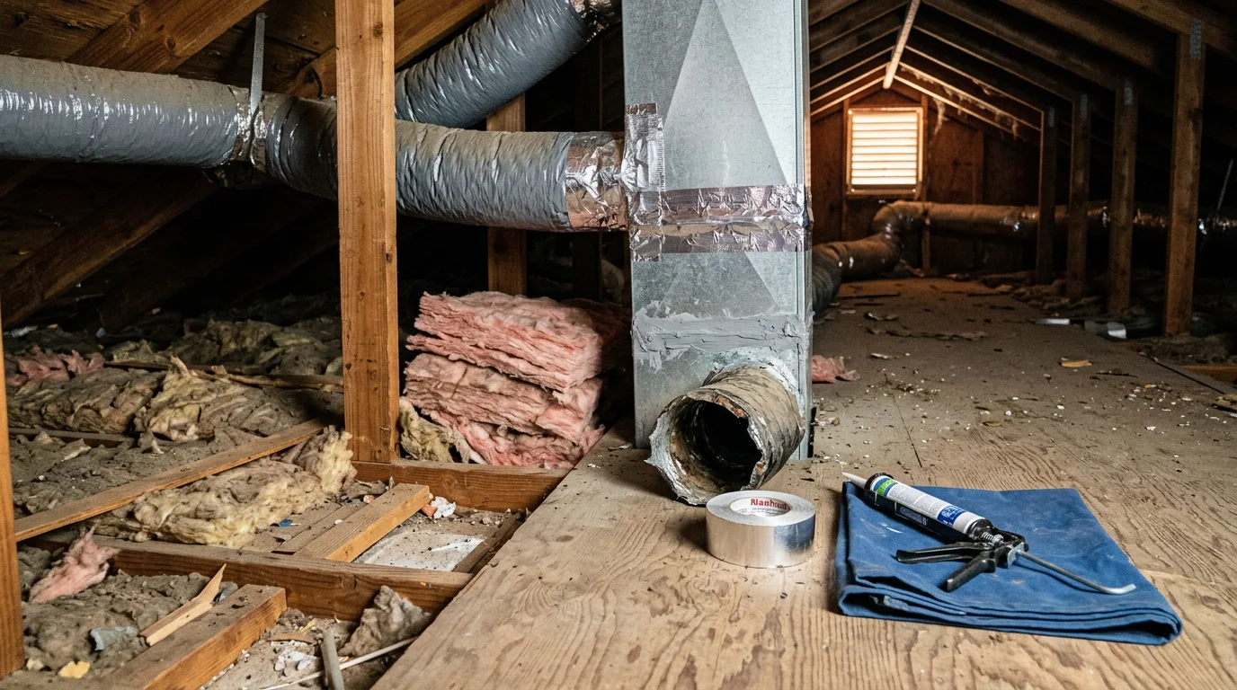 HVAC technician inspecting and sealing a flexible duct connection in the attic of a residential home in Lancaster, CA. Visible ductwork runs across the attic floor with repair work in progress on a disconnected joint.