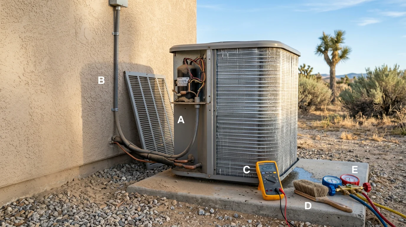 An HVAC technician inspecting and cleaning the condenser coils of a residential outdoor unit in Lancaster, CA. The high desert landscape and clear sky are visible in the background.