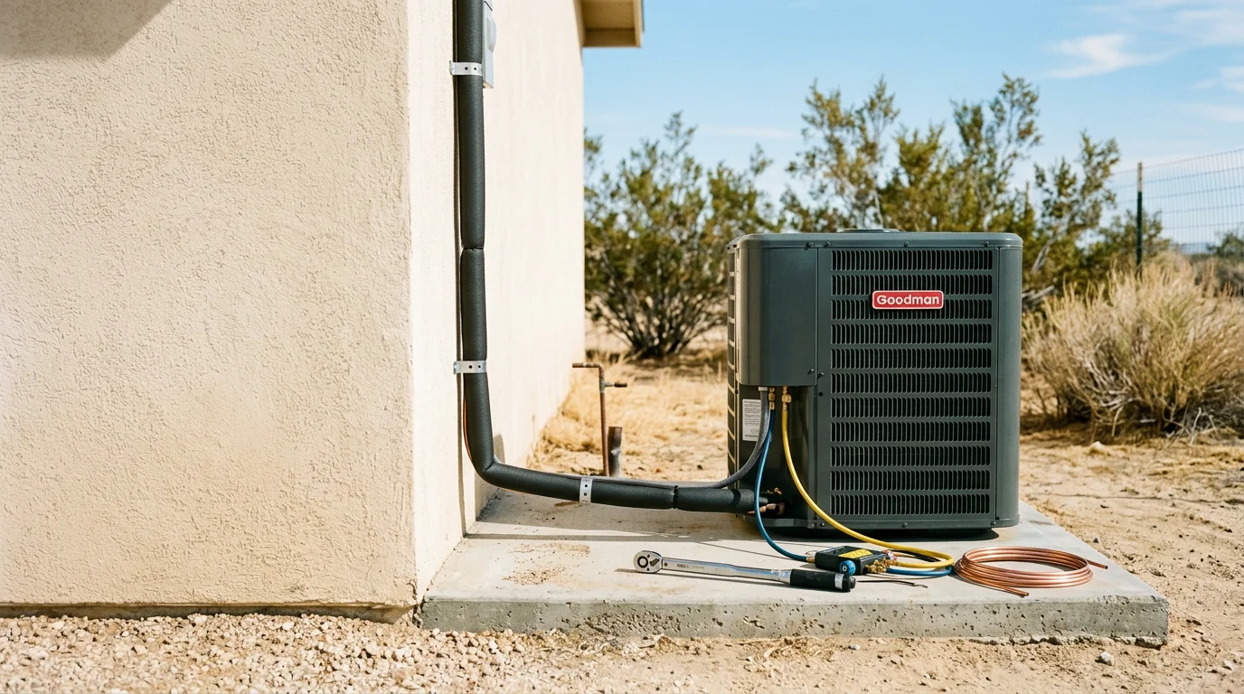 A newly installed residential central air conditioning condenser unit positioned outside a single-family home in Lancaster, CA, with the Antelope Valley desert landscape visible in the background. An HVAC technician checks the system connections during the final installation inspection.