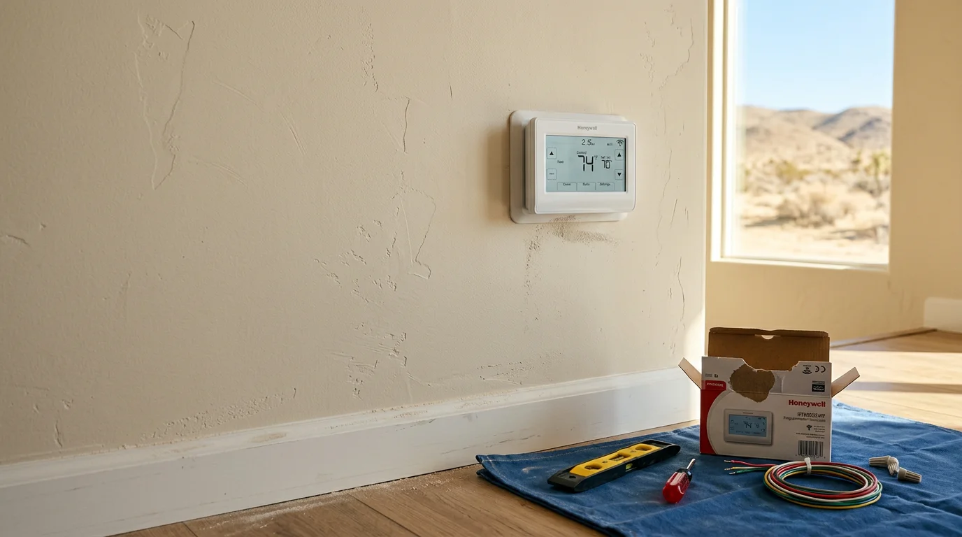 An HVAC technician installing a wall thermostat inside a Lancaster, CA home, with a residential heating and air conditioning system visible in the background. The image shows the wiring and mounting process during a professional thermostat installation in the Antelope Valley.