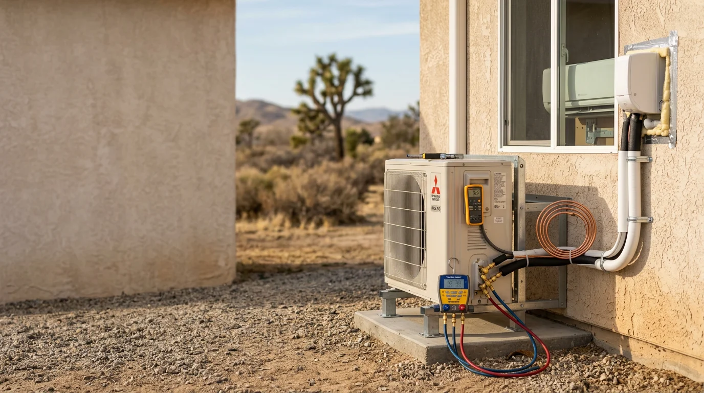 A wall-mounted mini-split indoor unit installed in a Lancaster, CA home, with the outdoor condenser unit positioned on the exterior wall of a residential property in the Antelope Valley.