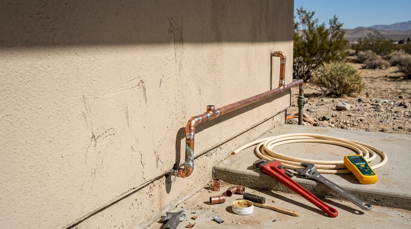 A plumber inspecting an exposed supply line beneath a kitchen sink in a Lancaster, CA home, with tools and repair materials visible on the countertop. The repair addresses a common Antelope Valley plumbing issue caused by mineral buildup and pipe wear.