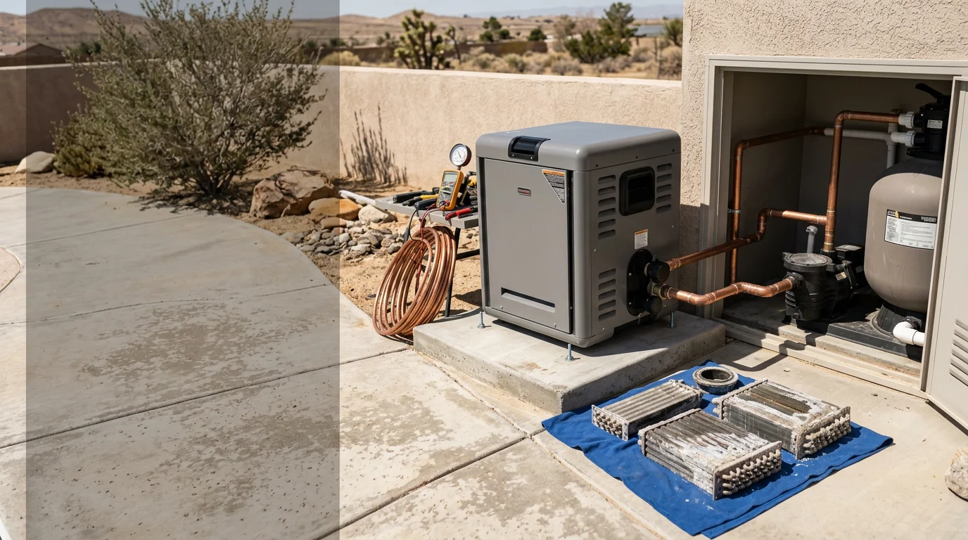 A pool heater unit installed in a residential backyard in Lancaster, CA, with the high desert landscape visible in the background. A technician from Burgess Heating & Air inspects the heater connections during a service call.